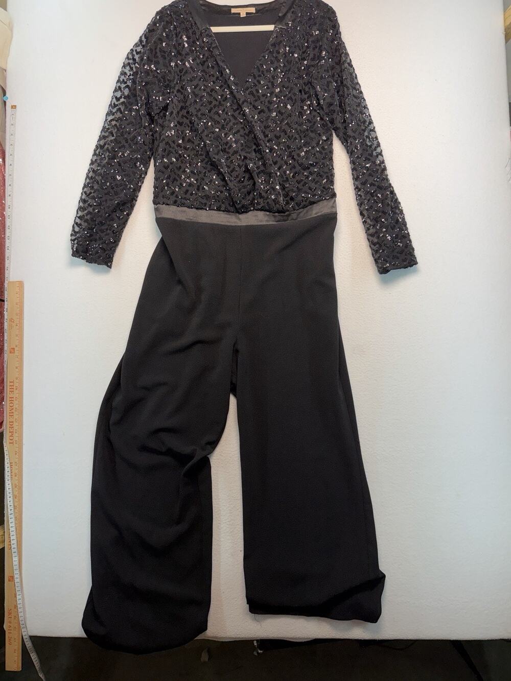 Women’s Size 16 Black Faux Wrap Sequence Jumpsuit Wedding Party Gibson Latimer
